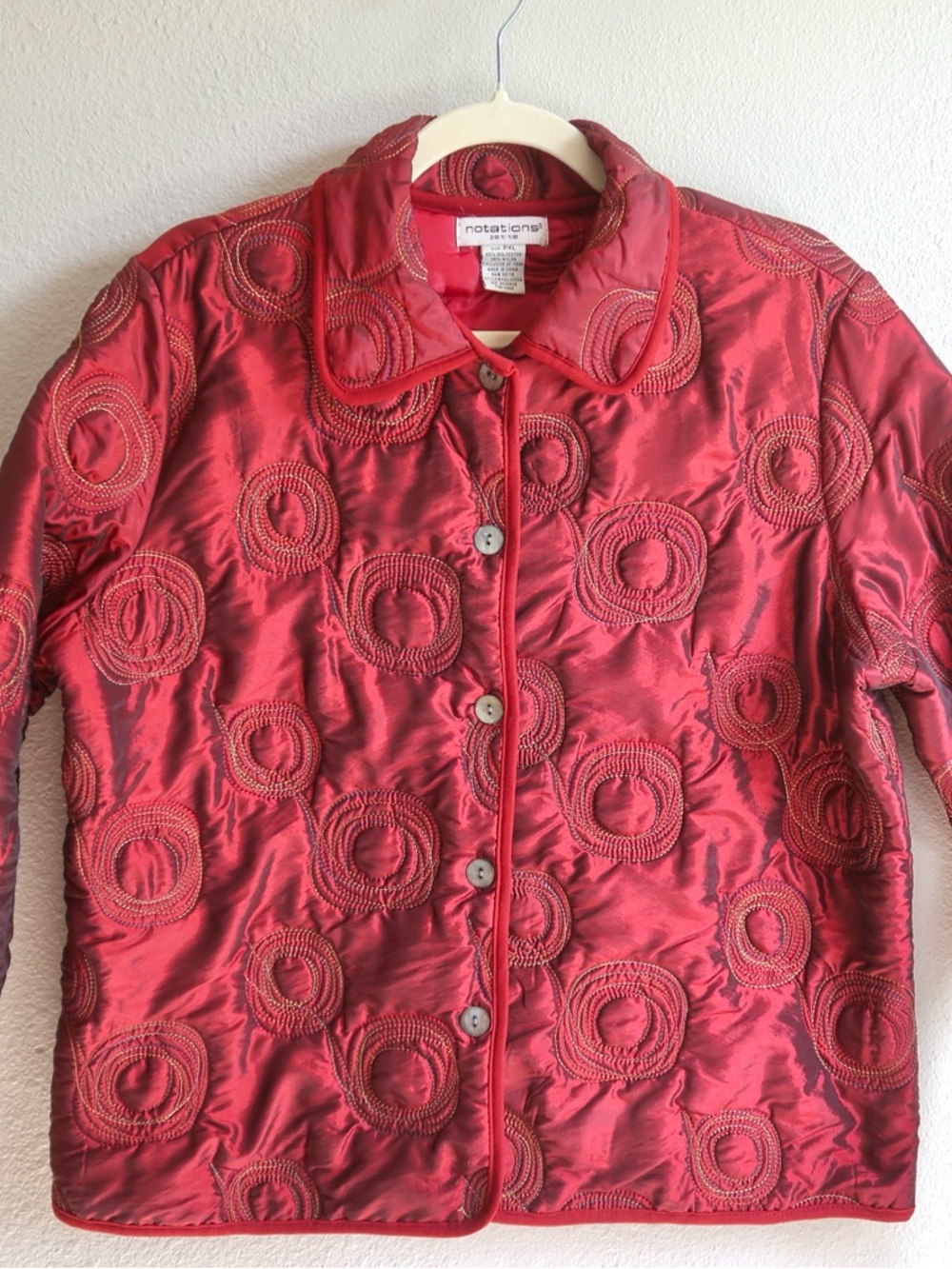 Notations Red Quilted Circle-Embroidered Teddy Jacket